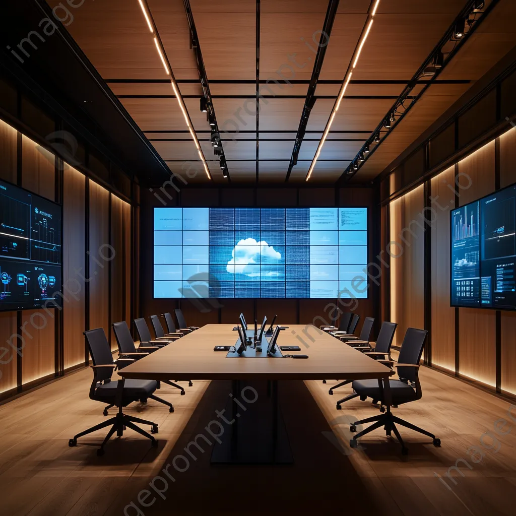 Meeting room with digital displays on cloud computing concepts and warm decor. - Image 2