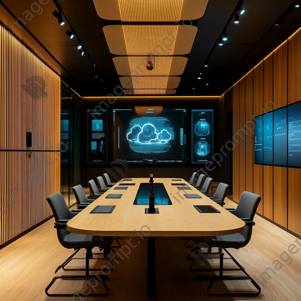 Meeting room with digital displays on cloud computing concepts and warm decor. - Image 4