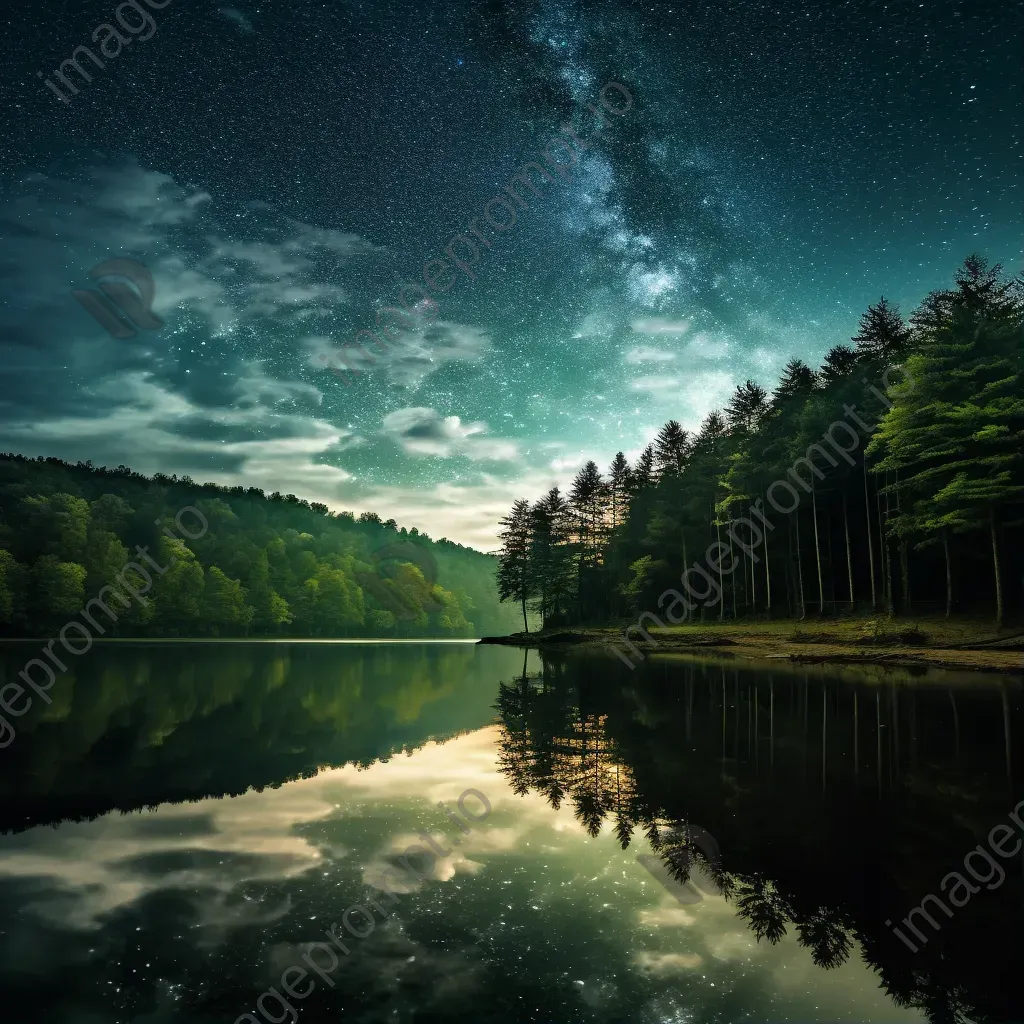 Milky Way galaxy over tranquil lake with star reflections and green forest - Image 1