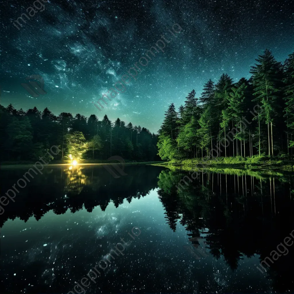 Milky Way galaxy over tranquil lake with star reflections and green forest - Image 2