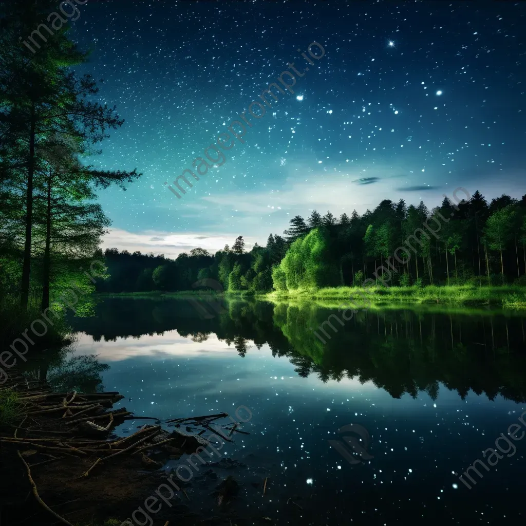 Milky Way galaxy over tranquil lake with star reflections and green forest - Image 4