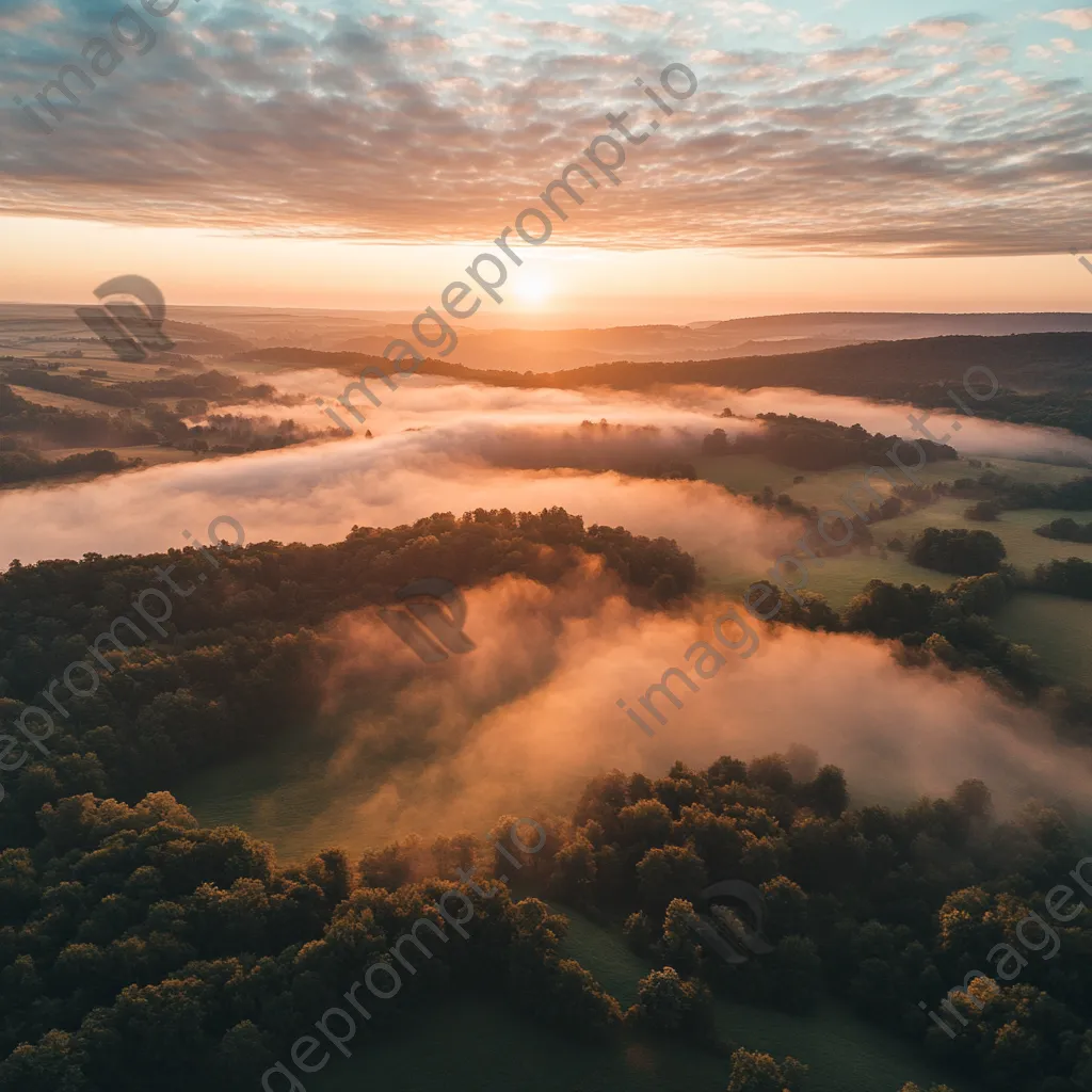 Aerial view of a misty valley during sunrise - Image 1