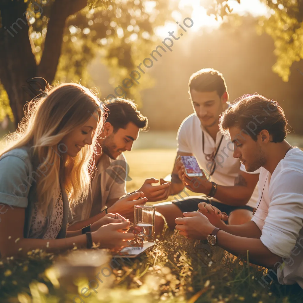 Friends enjoying picnic while checking notifications on smartwatches - Image 1