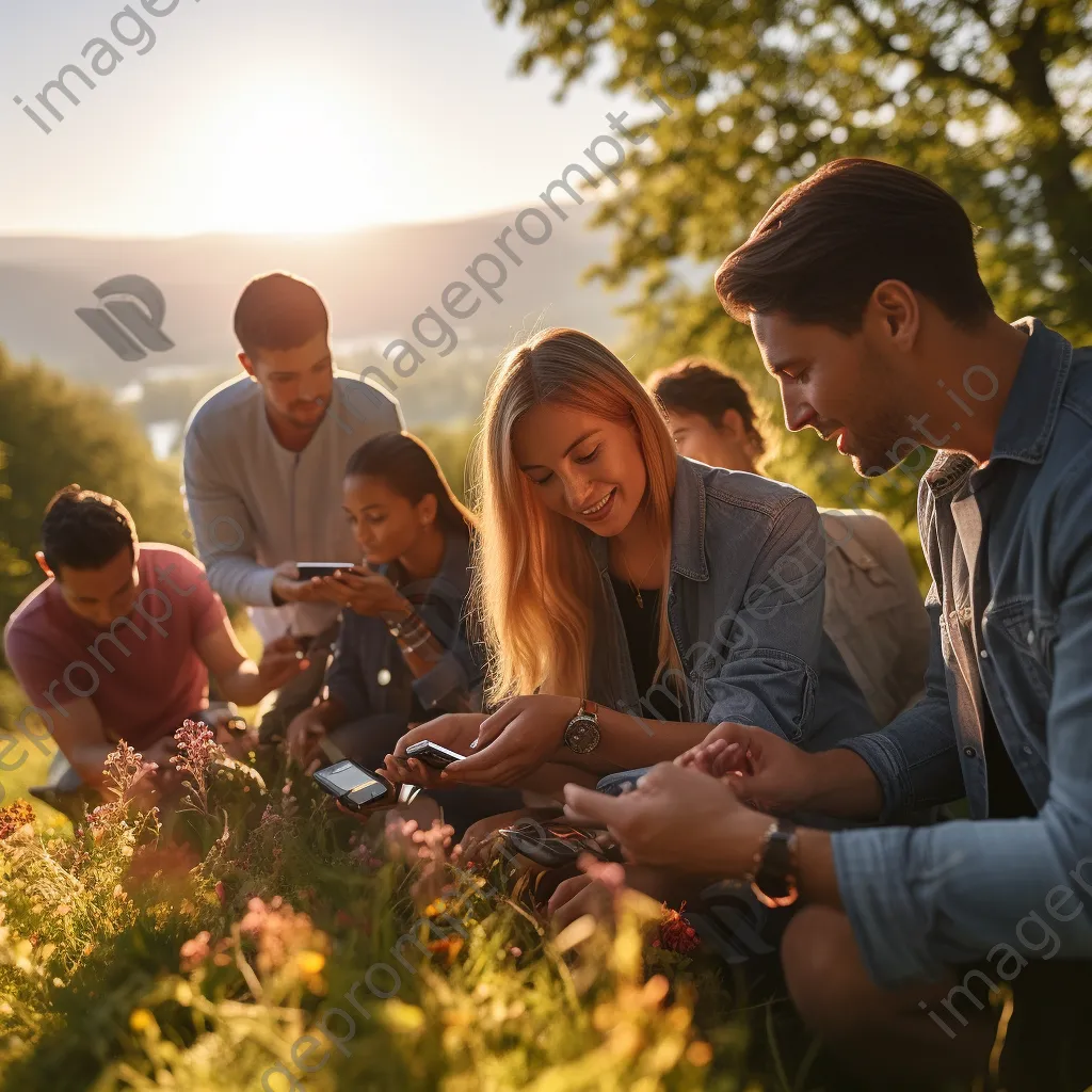 Friends enjoying picnic while checking notifications on smartwatches - Image 2