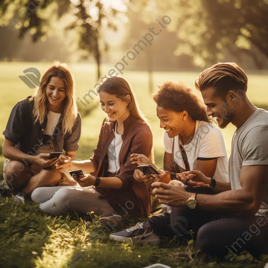 Friends enjoying picnic while checking notifications on smartwatches - Image 3