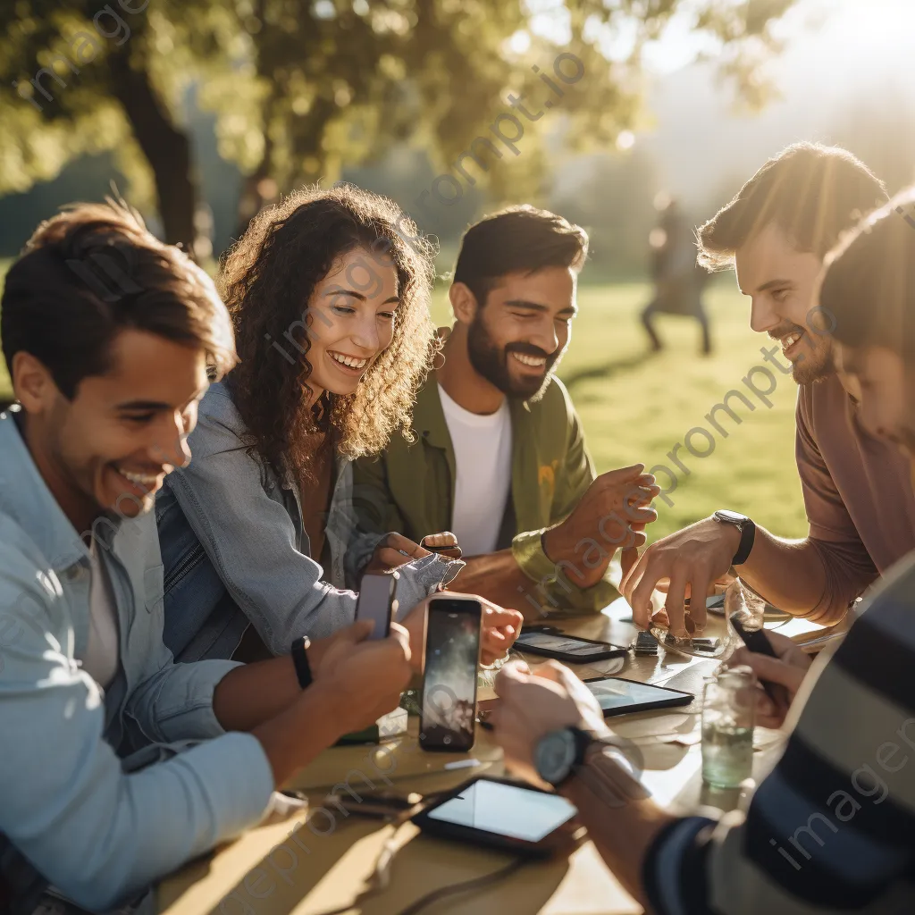 Friends enjoying picnic while checking notifications on smartwatches - Image 4