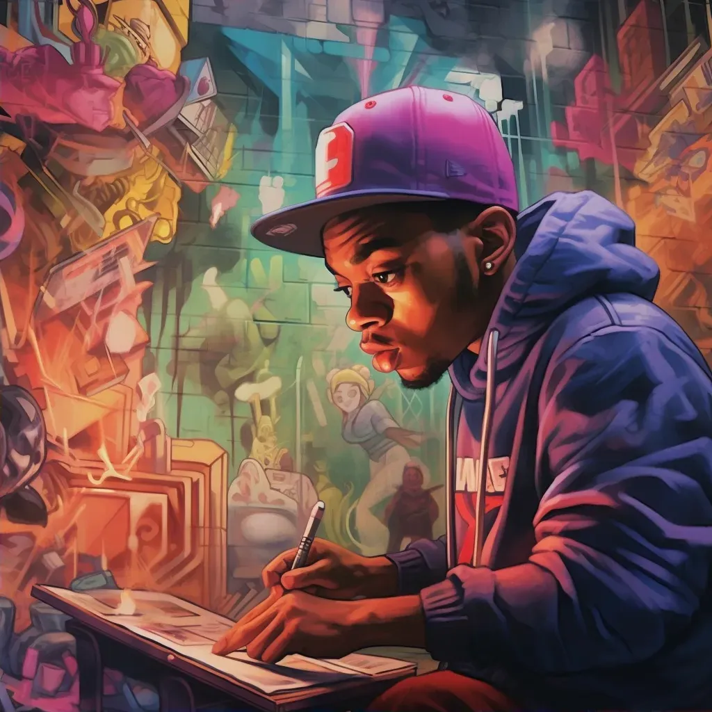 Graffiti artist creating a mural illustrating the evolution of hip hop culture from its origins to its global impact - Image 2