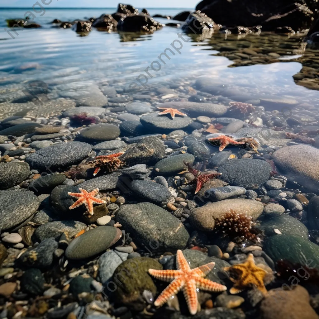 Rock pool with sea stars and pebbles in the morning light - Image 1