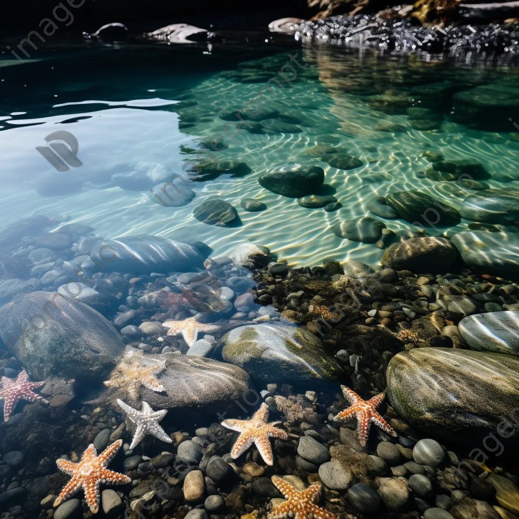 Rock pool with sea stars and pebbles in the morning light - Image 3