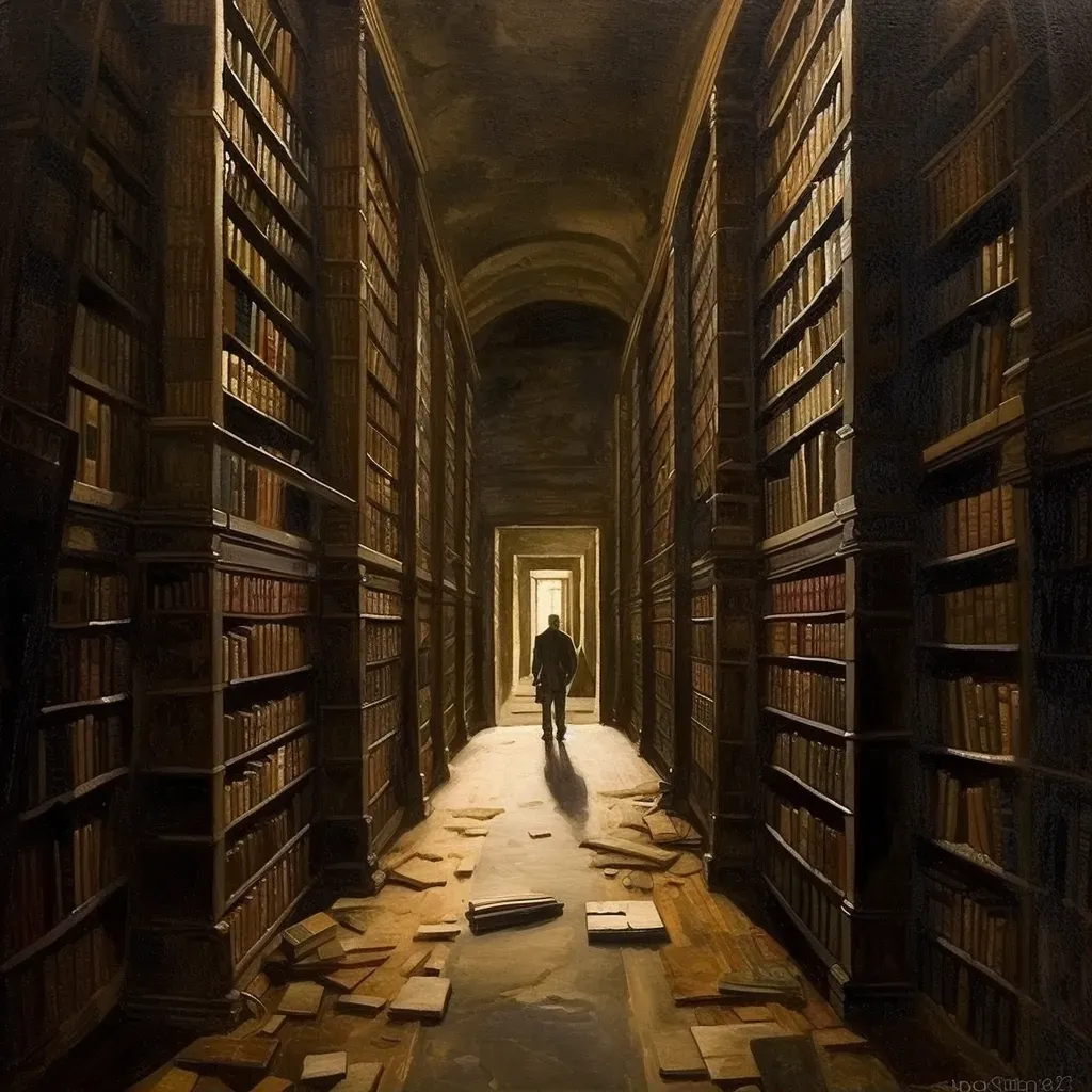 Ancient dream library with endless volumes and faceless guardian - Image 1