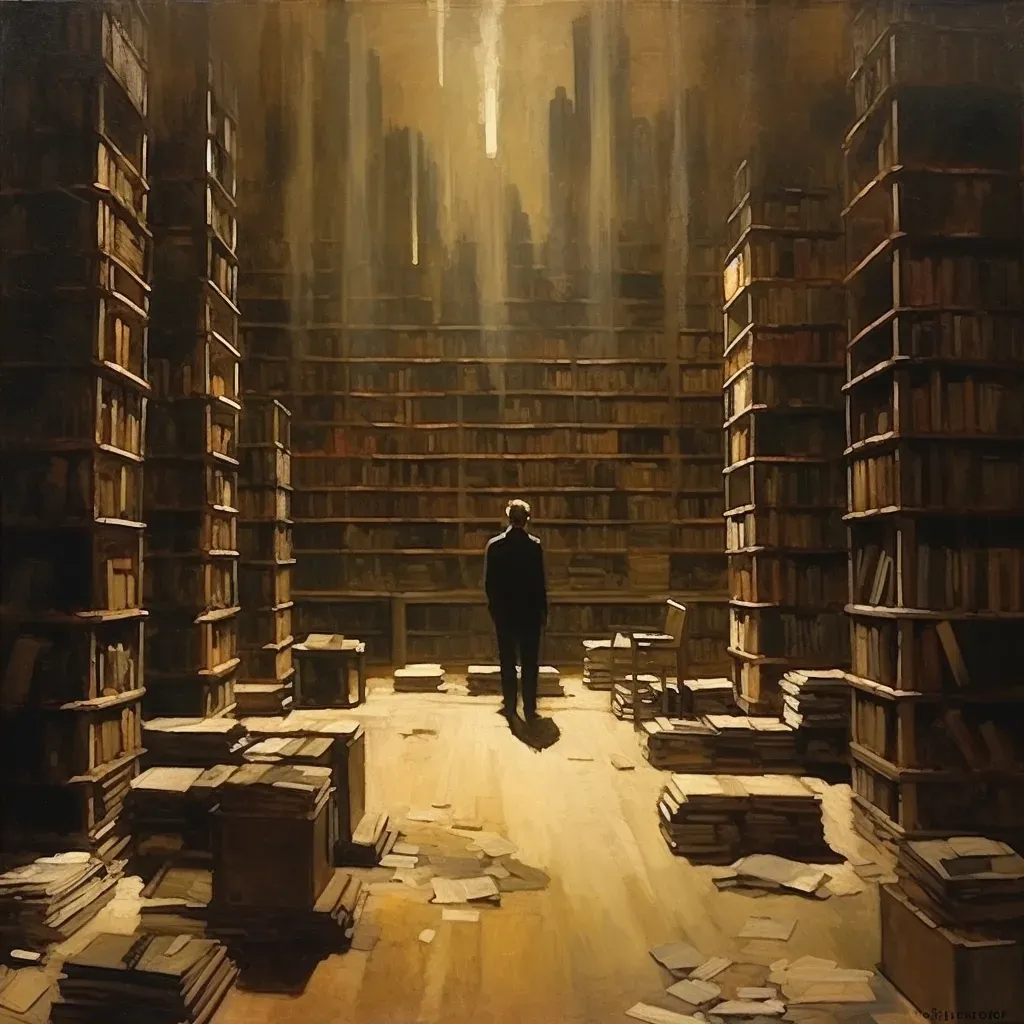 Ancient dream library with endless volumes and faceless guardian - Image 2