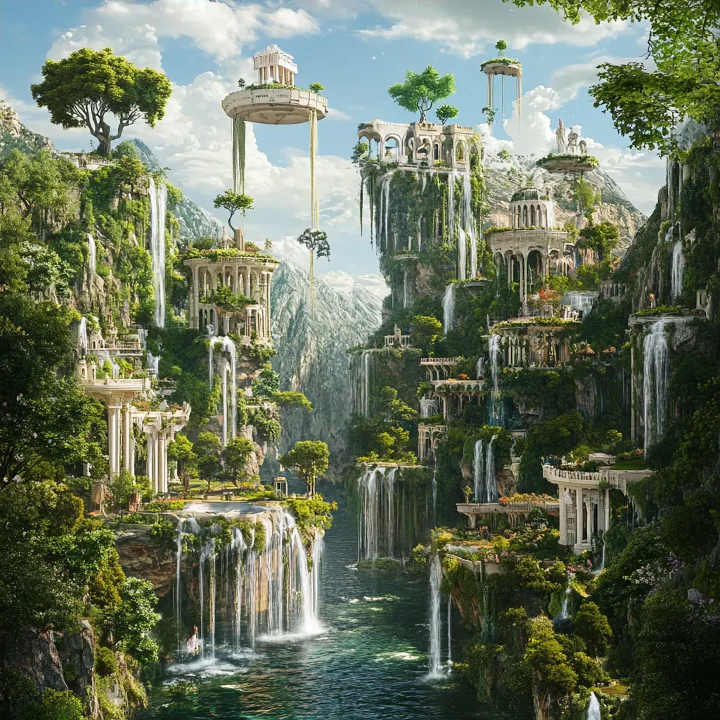 Surrealist interpretation of the Hanging Gardens of Babylon with floating plants and waterfalls - Image 4