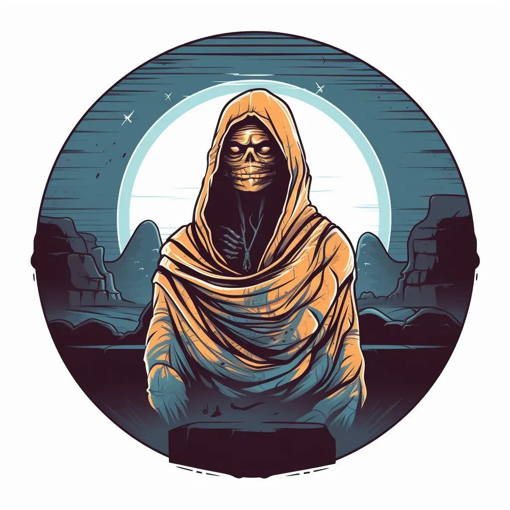 Terrifying mummy emerging from ancient tomb, mist, moonlight Halloween logo - Image 1