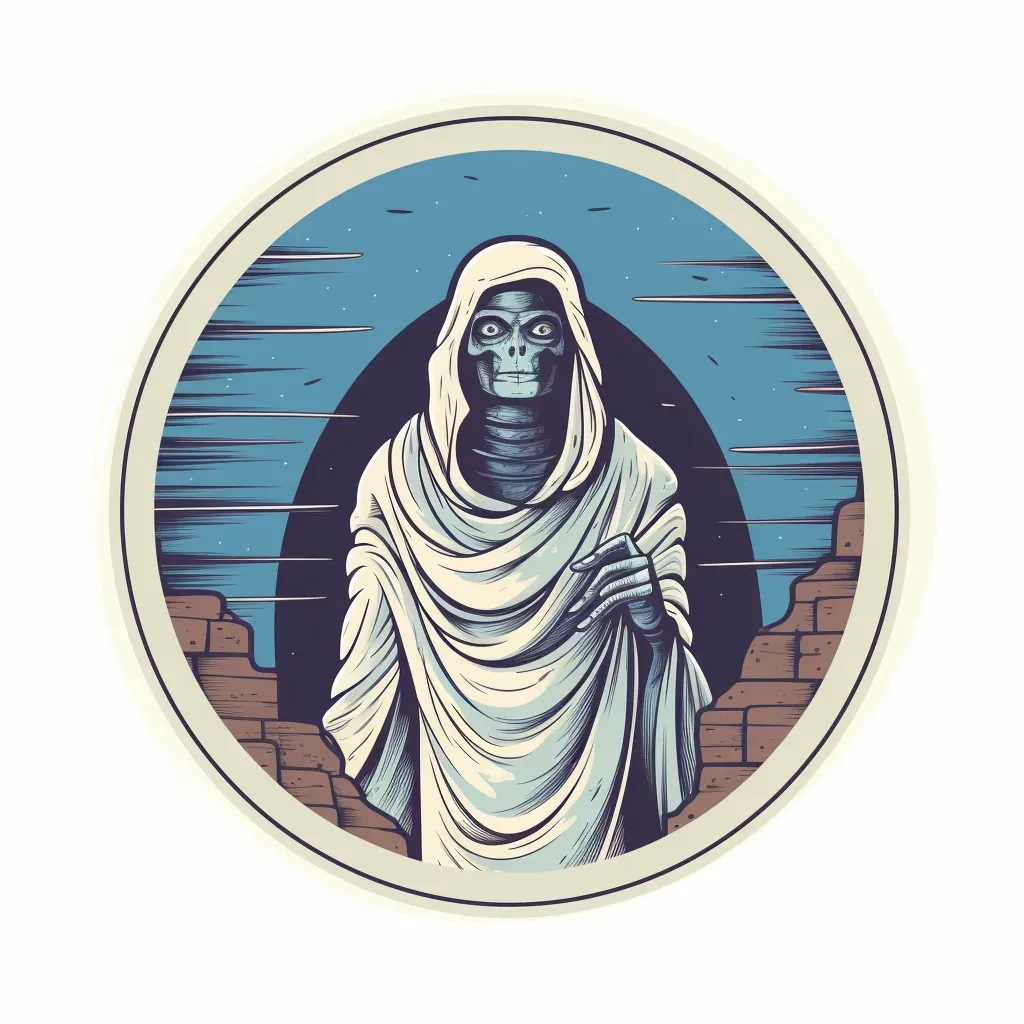 Terrifying mummy emerging from ancient tomb, mist, moonlight Halloween logo - Image 2