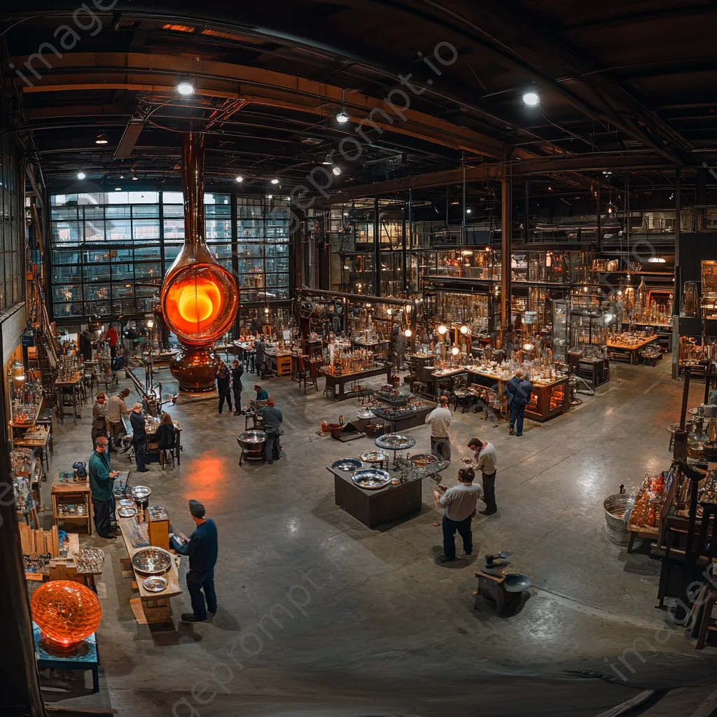 View of a busy glass-blowing studio with artisans at work - Image 1