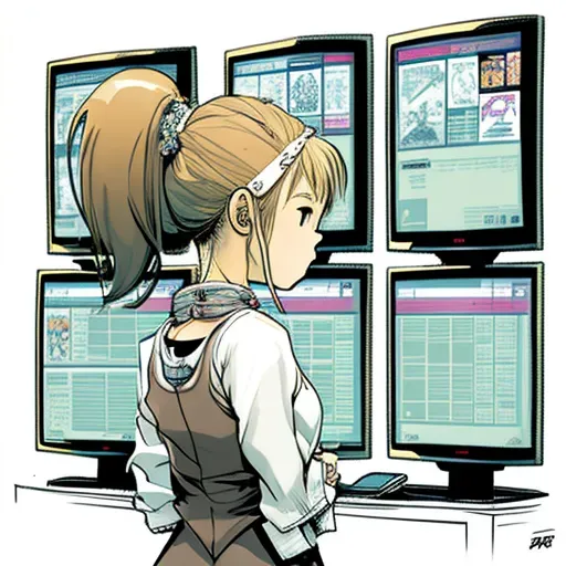 Illustration of a businesswoman checking stock market data on multiple screens - Image 2