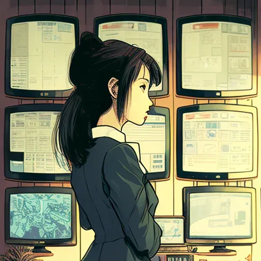 Illustration of a businesswoman checking stock market data on multiple screens - Image 4