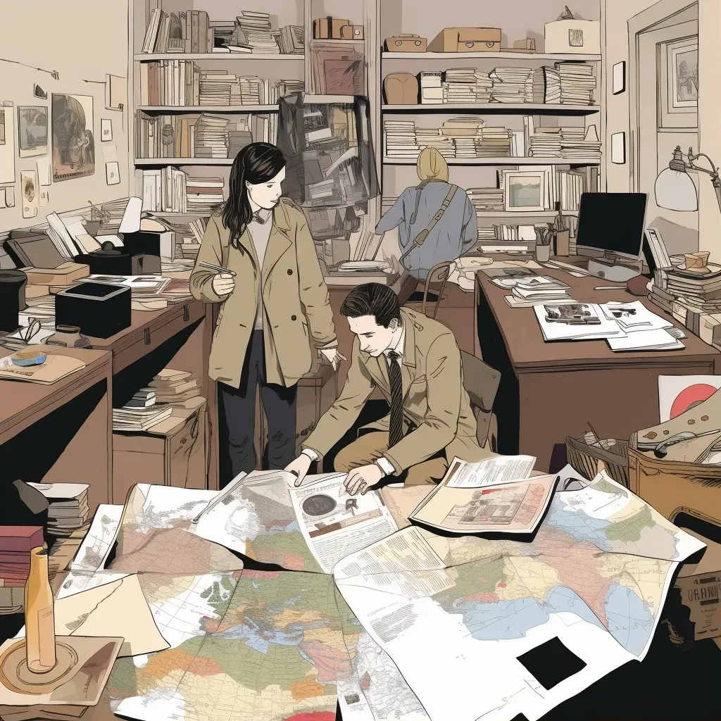 Intricate illustration of a detective team analyzing clues in a war room - Image 1