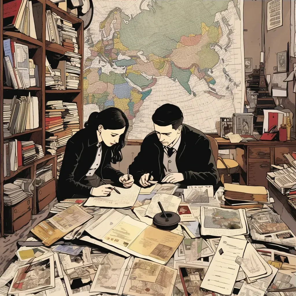 Intricate illustration of a detective team analyzing clues in a war room - Image 3