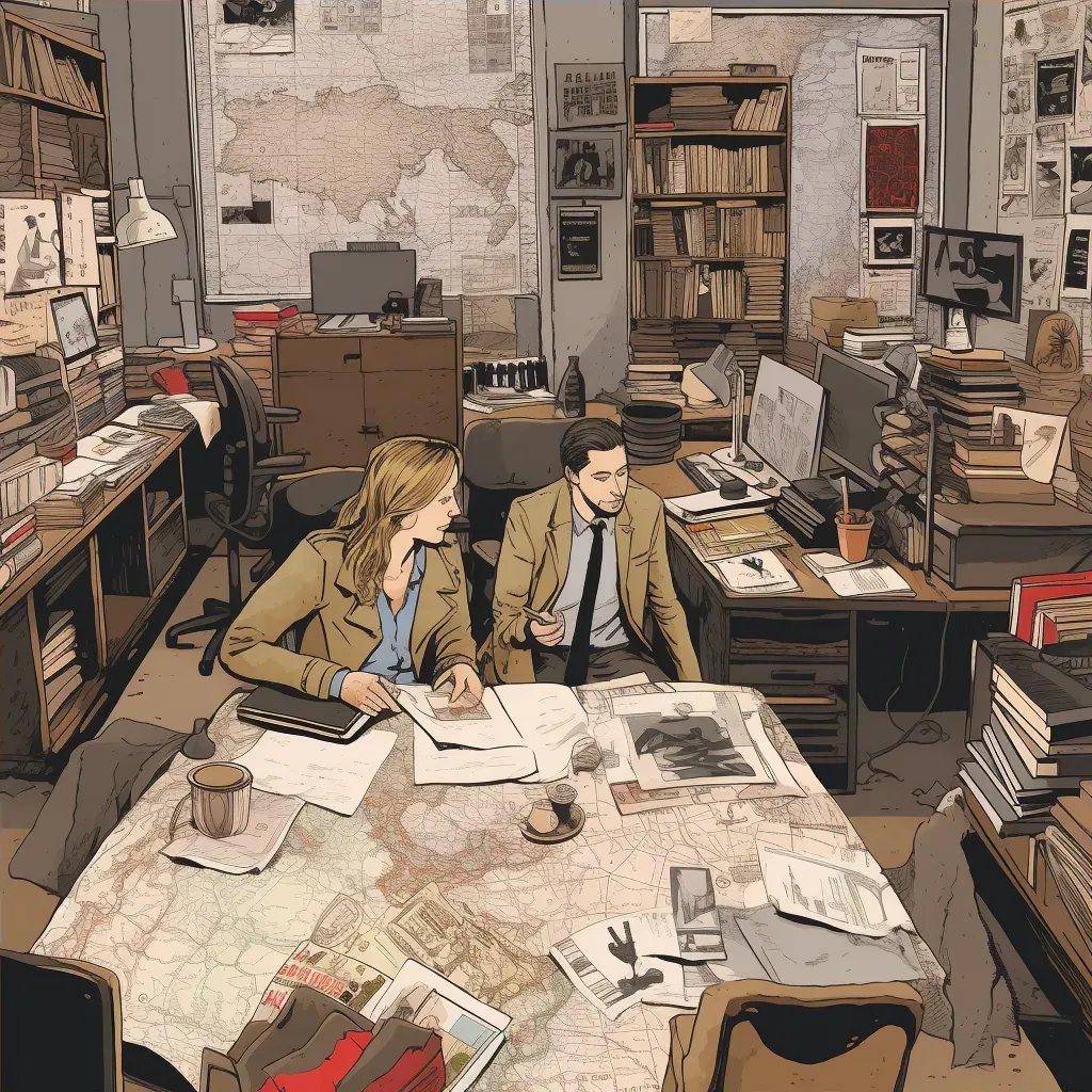 Intricate illustration of a detective team analyzing clues in a war room - Image 4