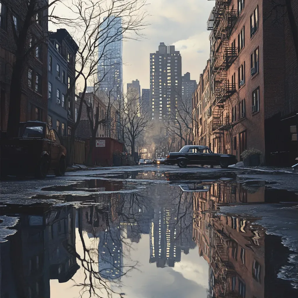 City skyline reflections in rain puddles - Image 1