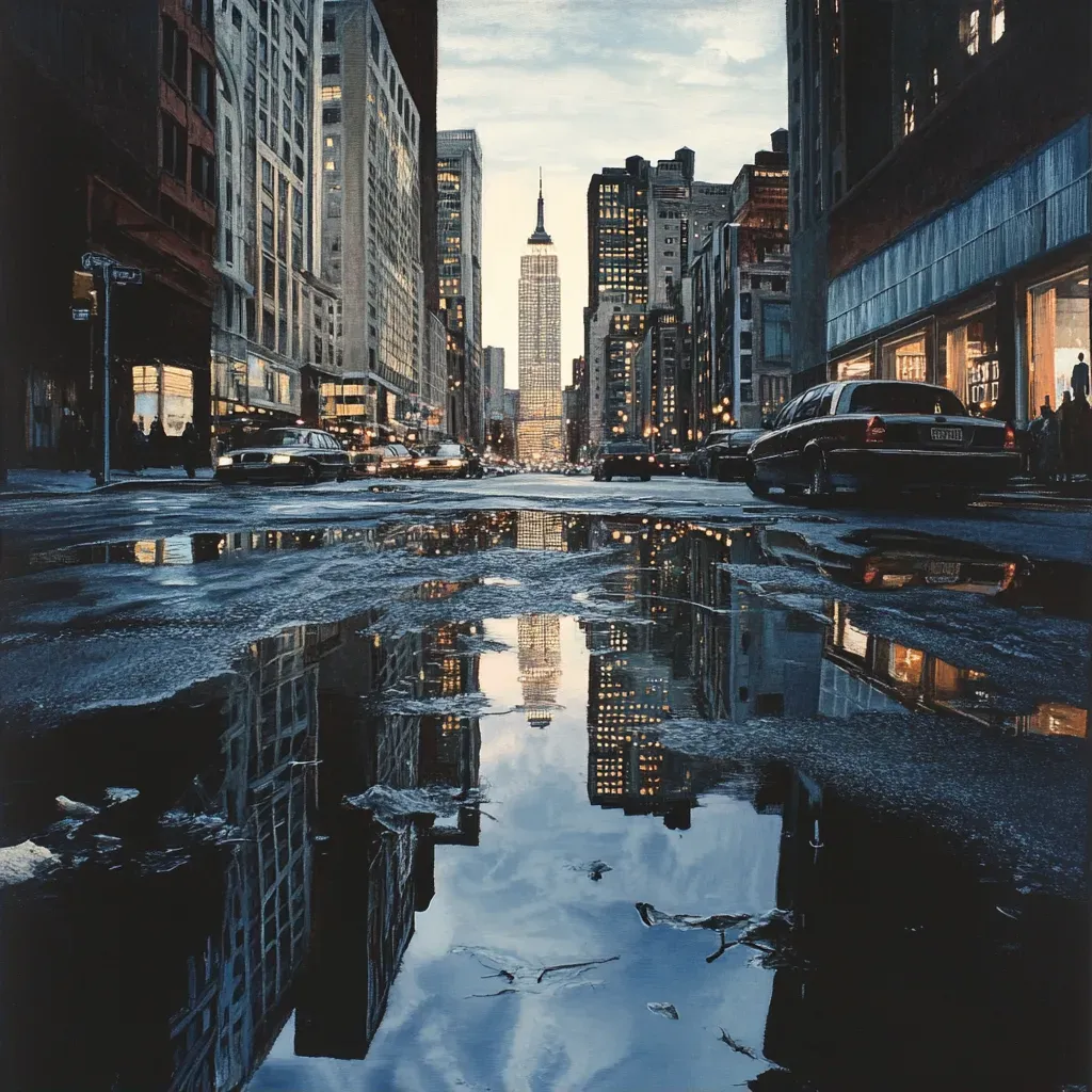 City skyline reflections in rain puddles - Image 2