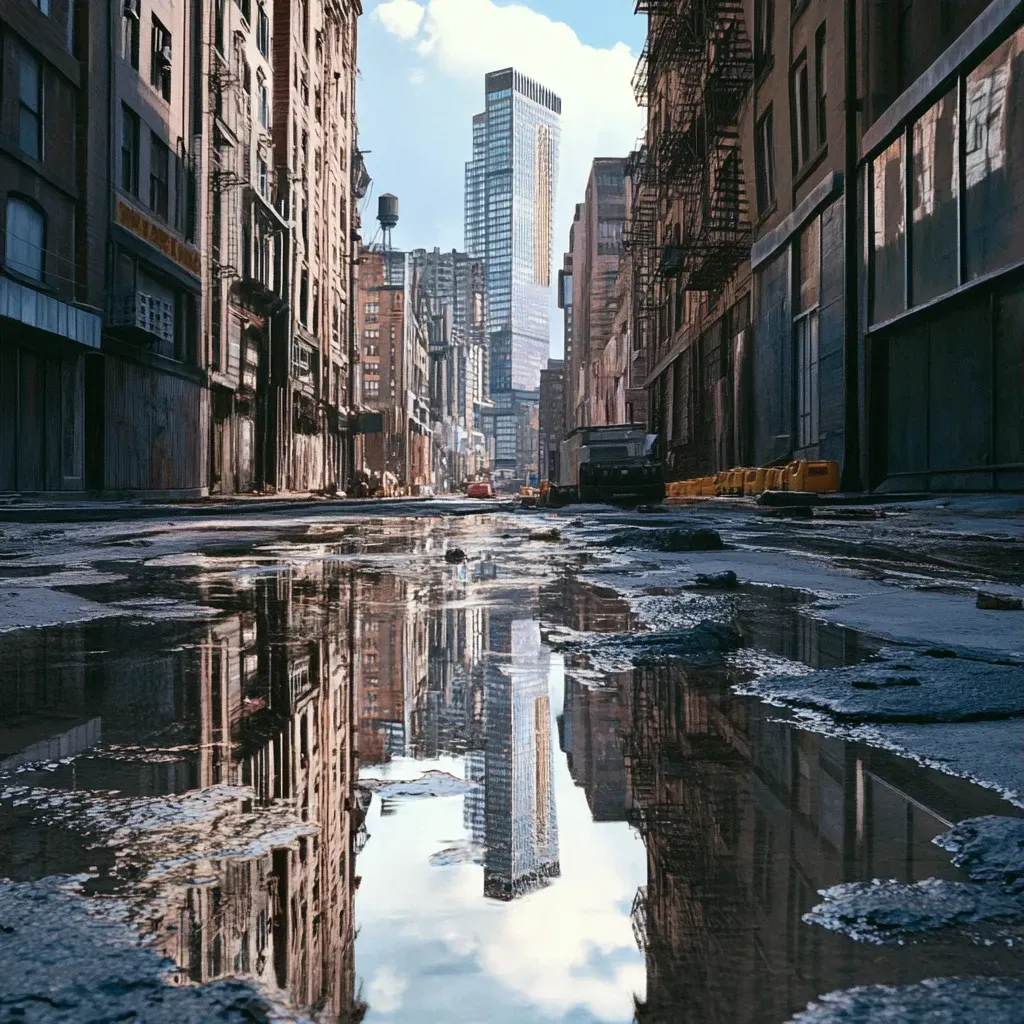 City skyline reflections in rain puddles - Image 3