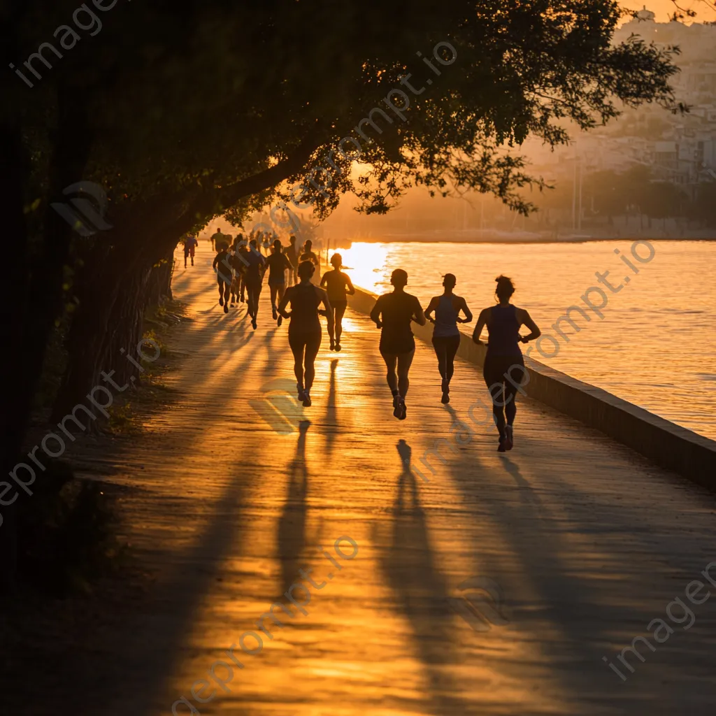 Diverse individuals jogging along a waterfront path at sunset. - Image 1