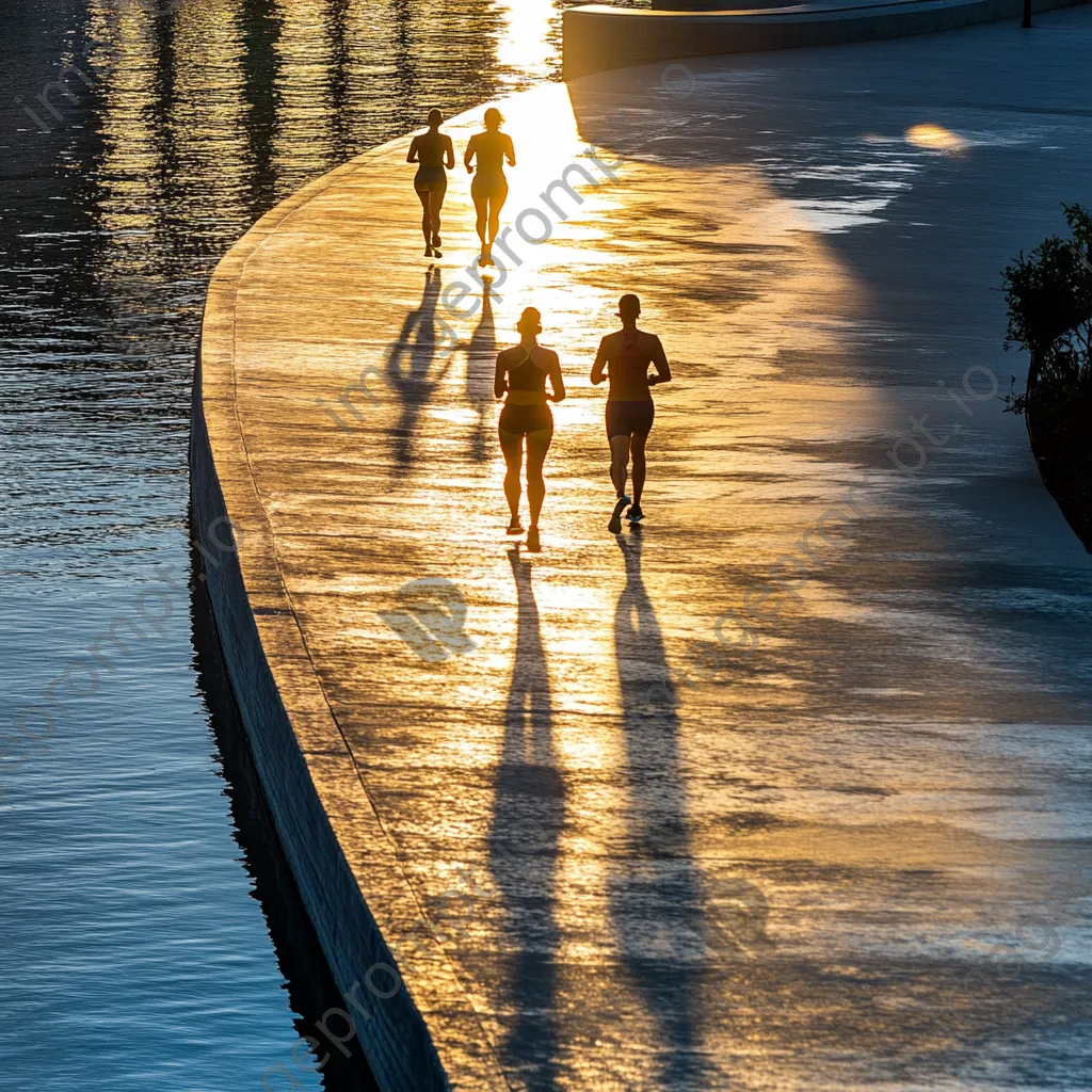 Diverse individuals jogging along a waterfront path at sunset. - Image 2