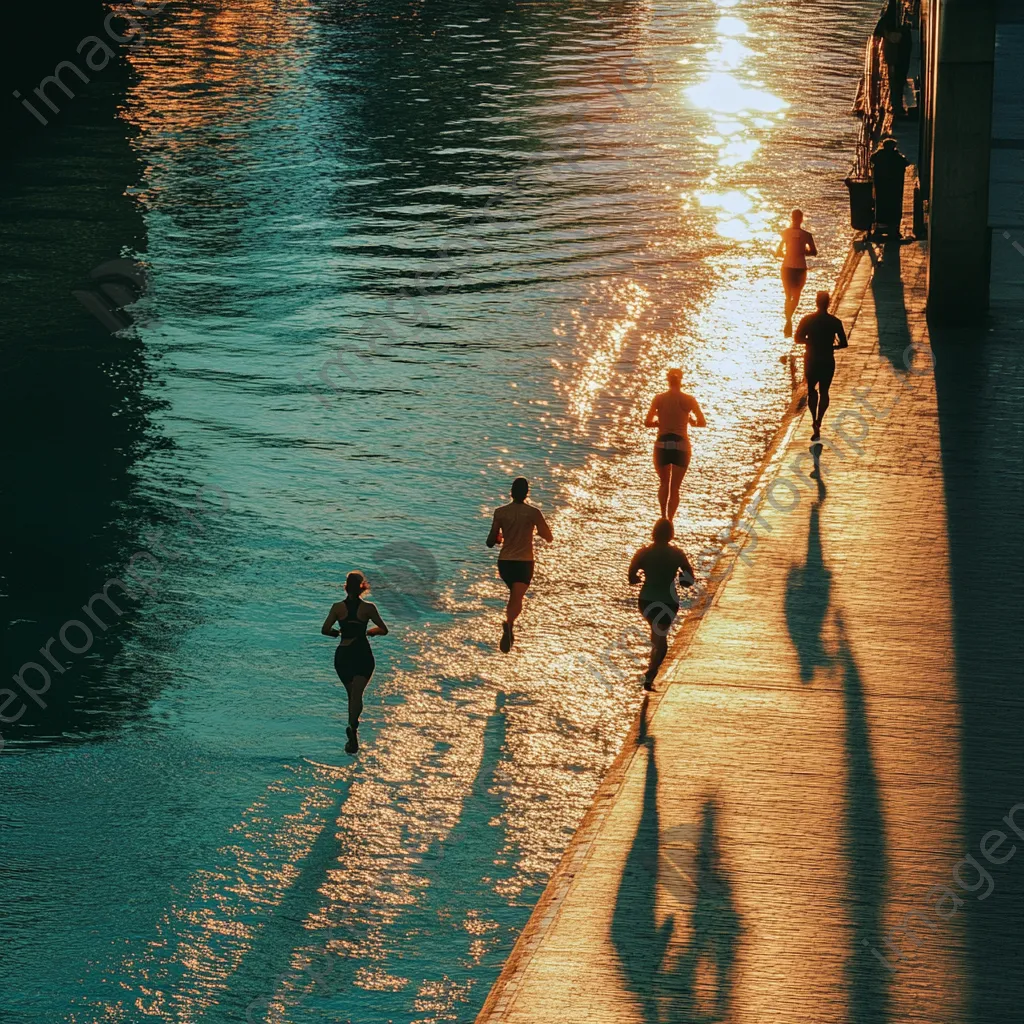 Diverse individuals jogging along a waterfront path at sunset. - Image 3