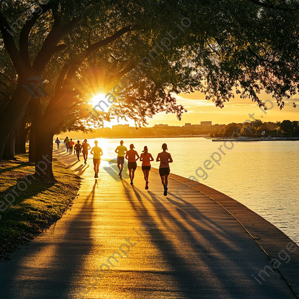 Diverse individuals jogging along a waterfront path at sunset. - Image 4