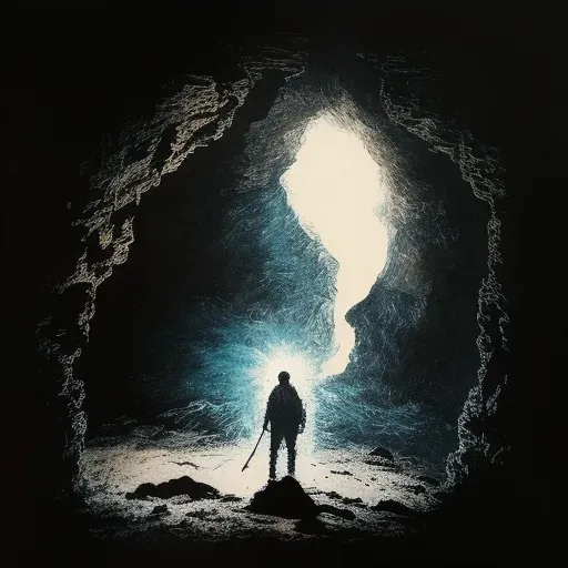 Man standing at mouth of cave with torch - Image 2