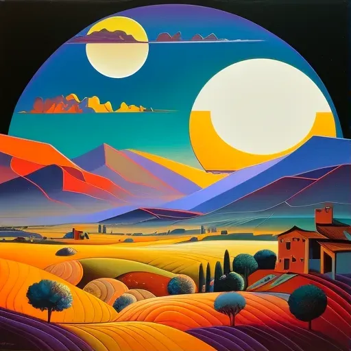 Scenic landscape with sun and moon sharing the sky over a countryside - Image 1