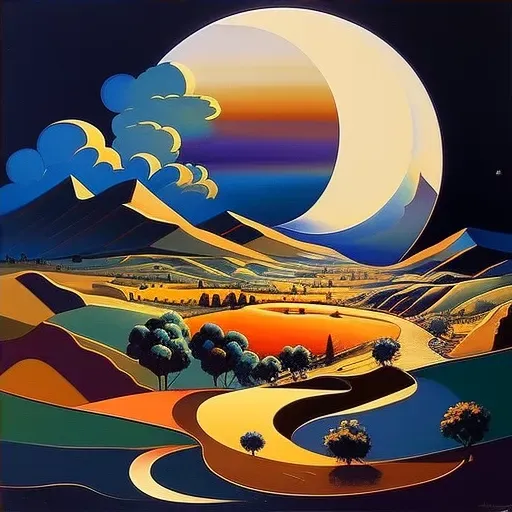 Scenic landscape with sun and moon sharing the sky over a countryside - Image 4