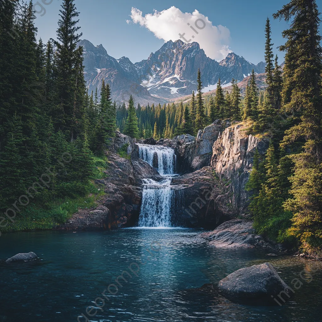 Peaceful mountain waterfall entering a clear pool surrounded by trees - Image 1