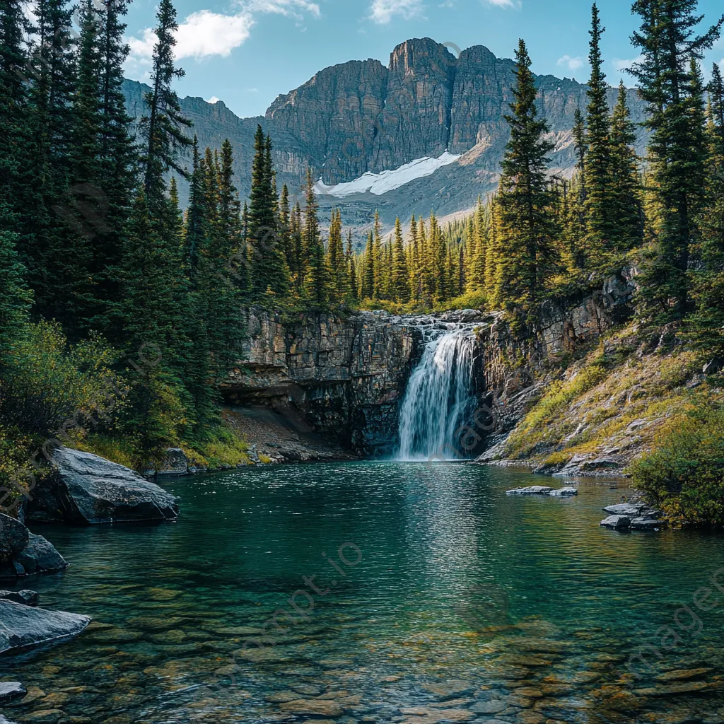 Peaceful mountain waterfall entering a clear pool surrounded by trees - Image 2