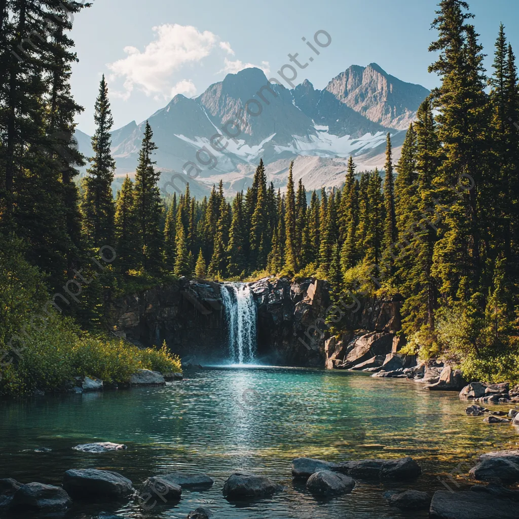 Peaceful mountain waterfall entering a clear pool surrounded by trees - Image 3