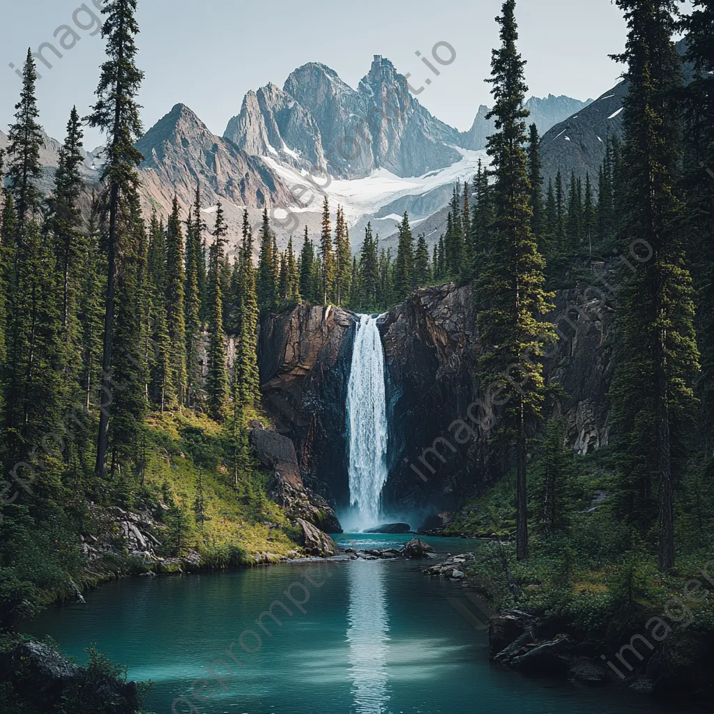 Peaceful mountain waterfall entering a clear pool surrounded by trees - Image 4