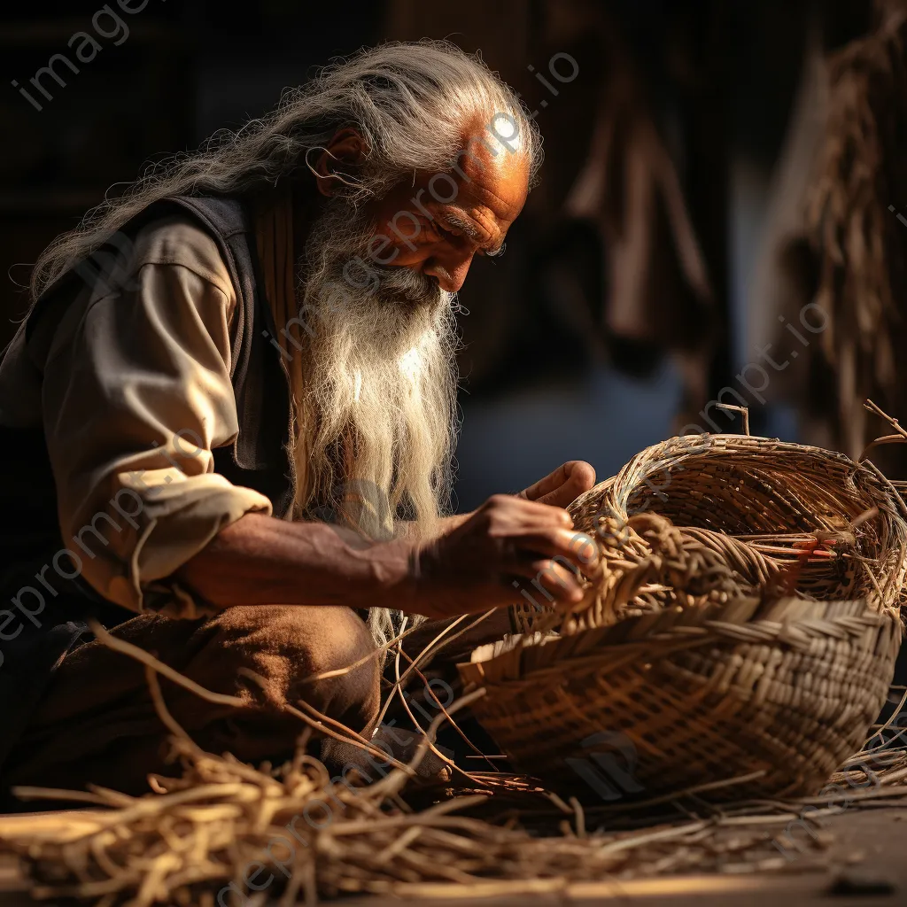 Artisan holding a finished basket with weaving tools in background - Image 1