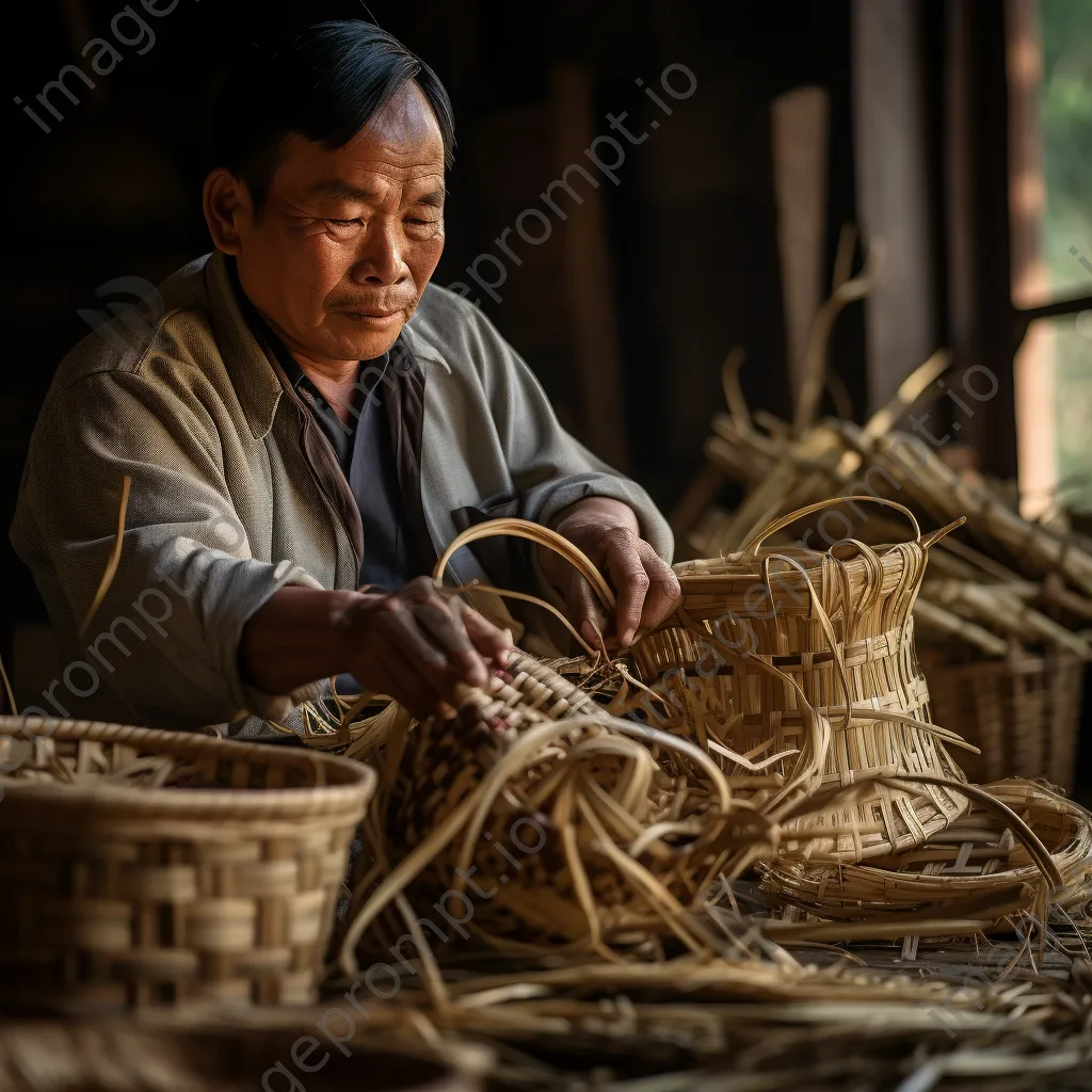 Artisan holding a finished basket with weaving tools in background - Image 2