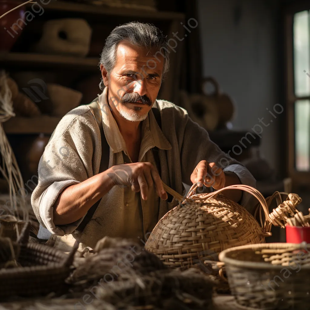 Artisan holding a finished basket with weaving tools in background - Image 3