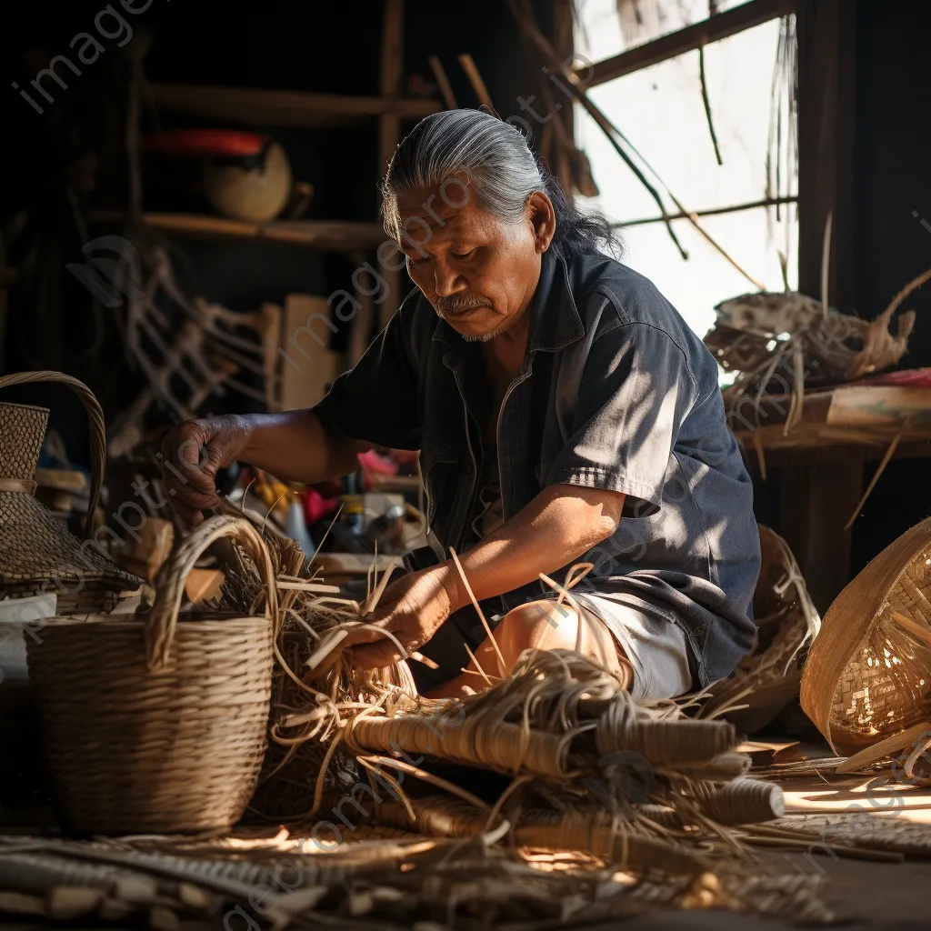 Artisan holding a finished basket with weaving tools in background - Image 4