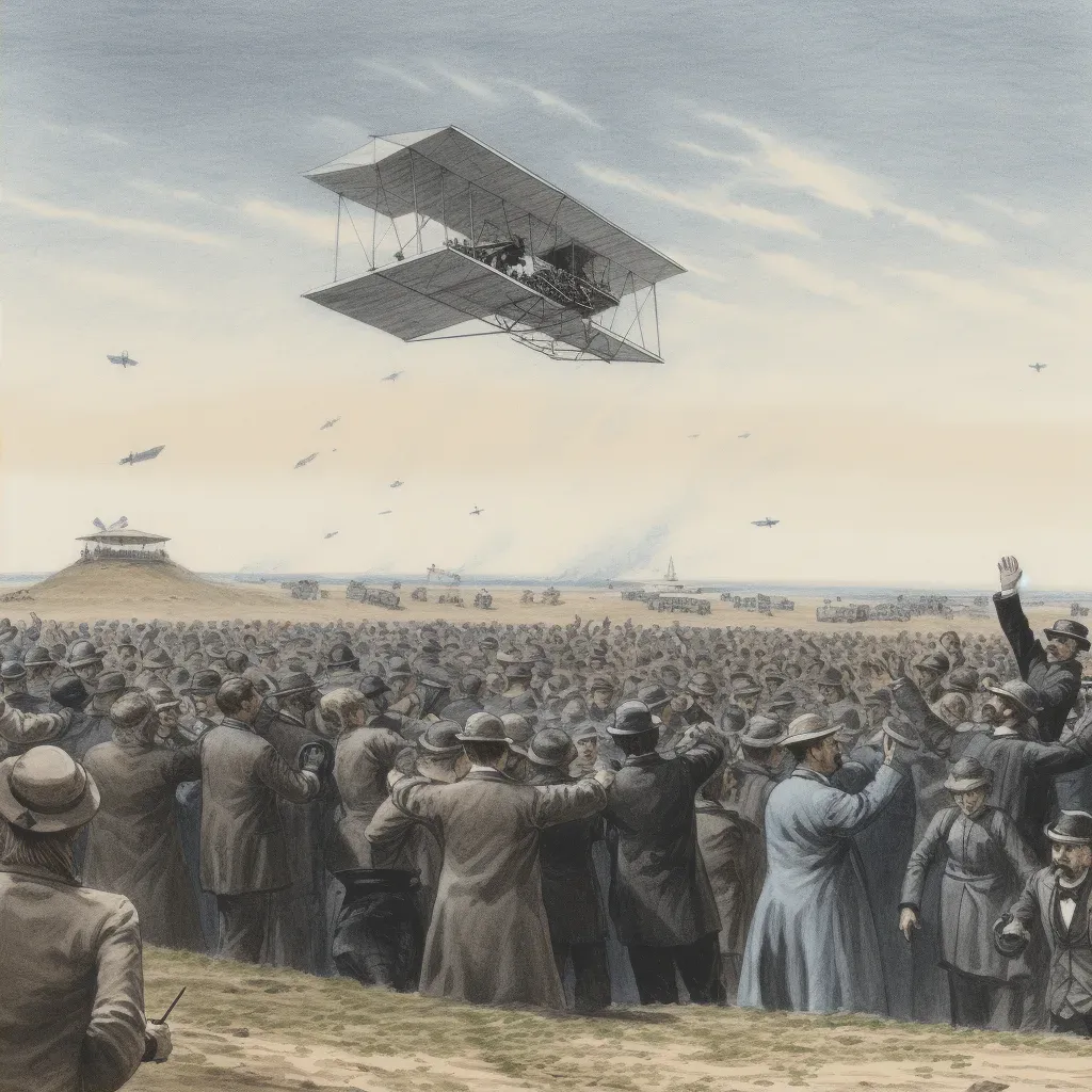 First airplane flight by Wright brothers with cheering crowd - Image 2