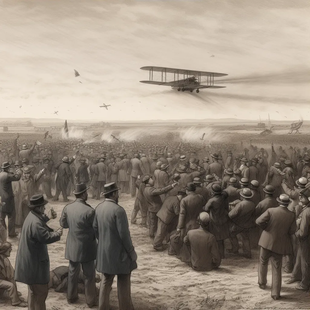 First airplane flight by Wright brothers with cheering crowd - Image 3