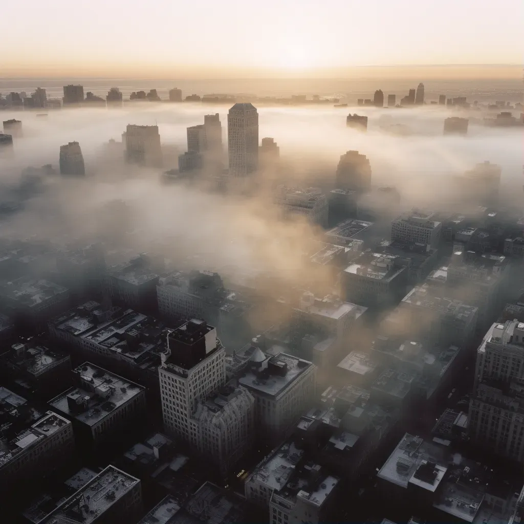 Bustling city at dawn with skyscrapers in fog - Image 1