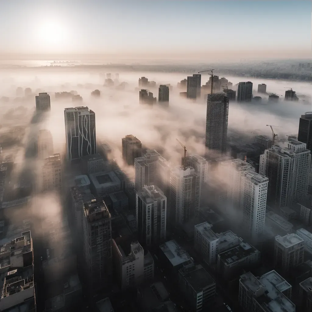 Bustling City at Dawn with Skyscrapers in Fog