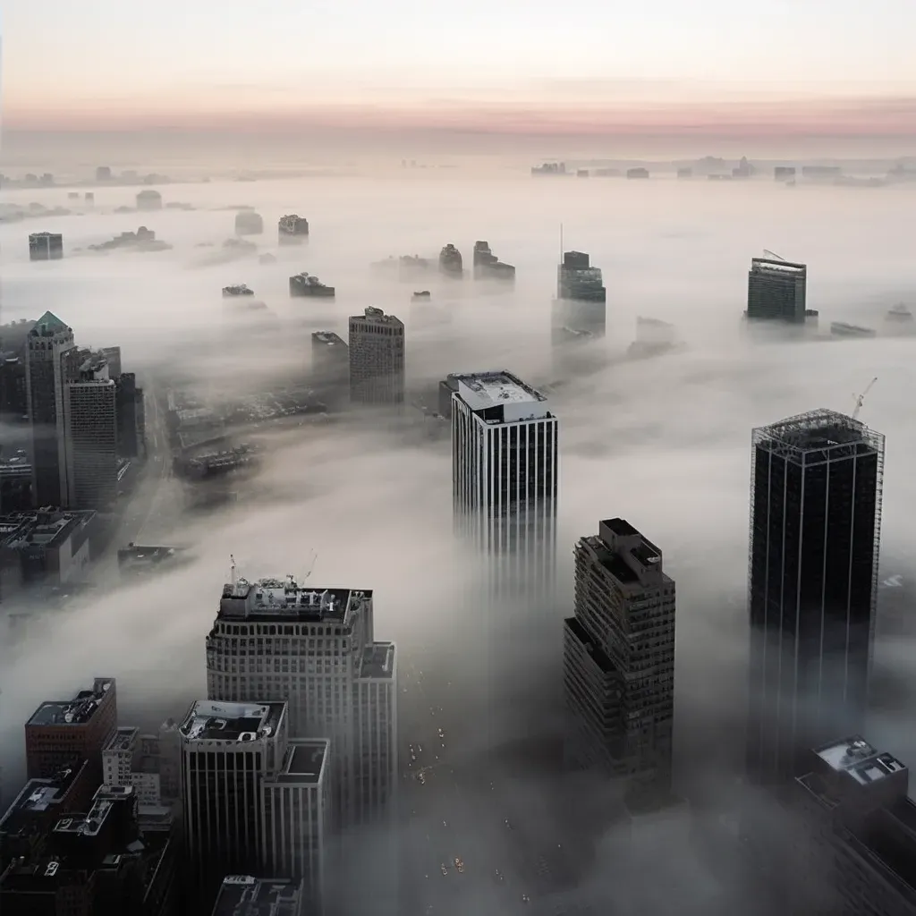 Bustling city at dawn with skyscrapers in fog - Image 4