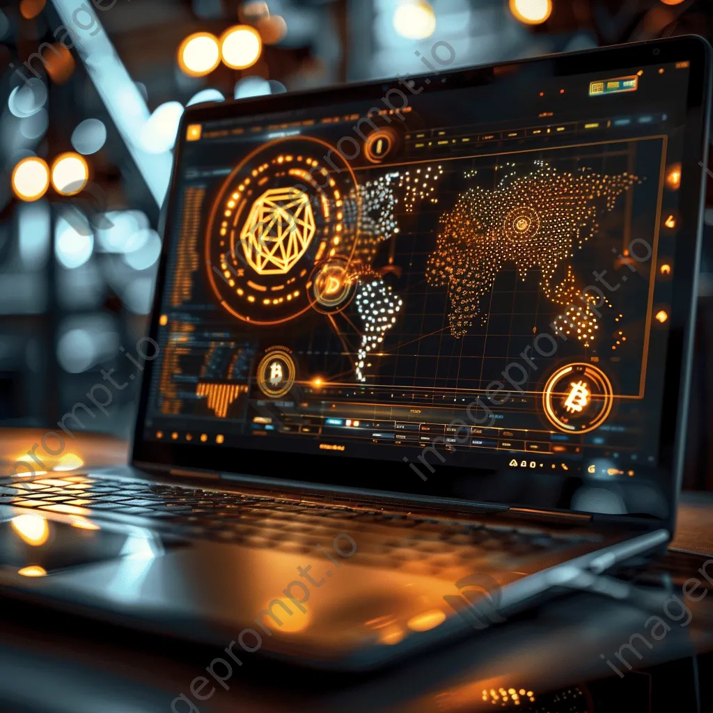 Laptop screen showing artistic depiction of cryptocurrency mining with mathematical graphics and icons. - Image 1