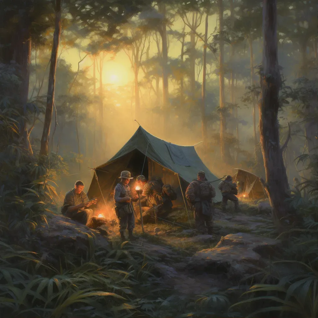 Explorers Setting Up Camp in Jungle at Sunset - Image 1