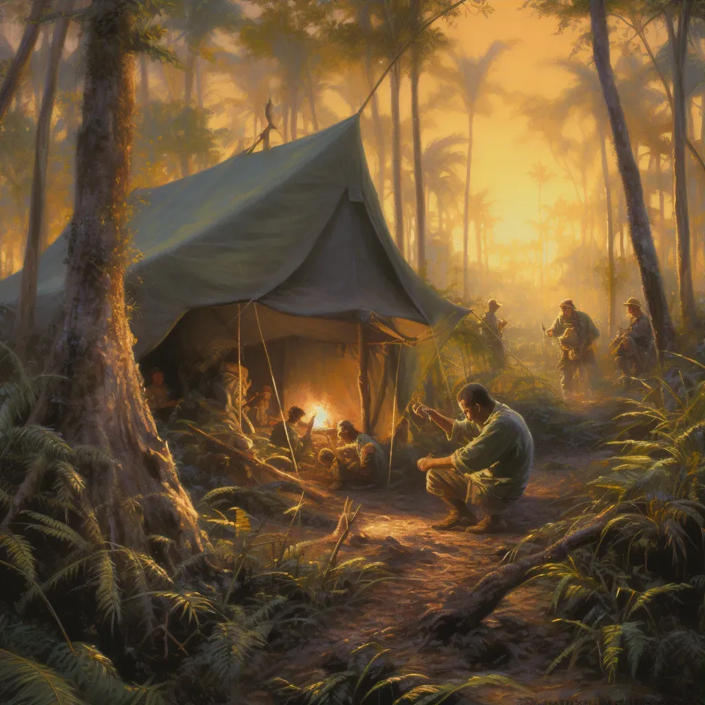 Explorers Setting Up Camp in Jungle at Sunset - Image 3